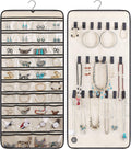 MISSLO Dual-sided Hanging Jewelry Organizer with 40 Pockets and 20 Hook & Loops Closet Necklace Holder for Earring Bracelet Ring Chain with Rotating Hanger, Beige
