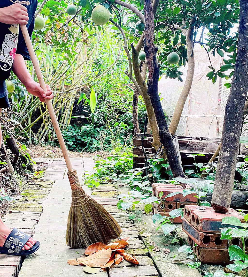 Vietnamese Natural Whisk Broom - Straw Soft Broom - Long Handle Broomstick for Cleaning, Decoration, Wedding with 45.28 inch Length