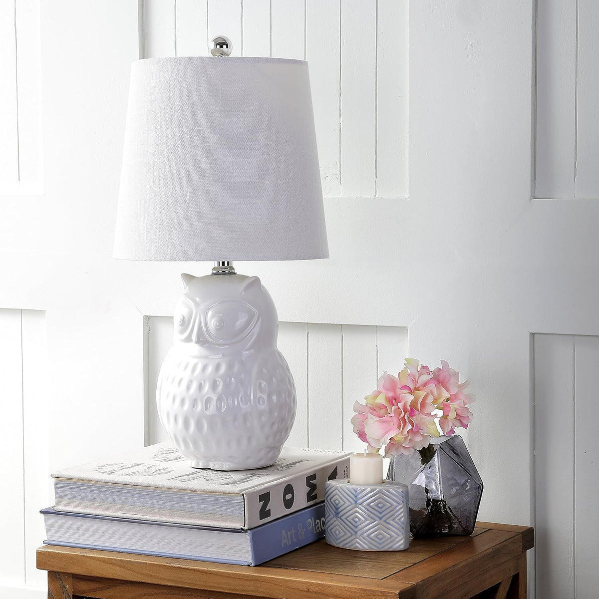 JONATHAN Y Hoot Owl Ceramic Table Lamp 20.5" Bedside Light, White