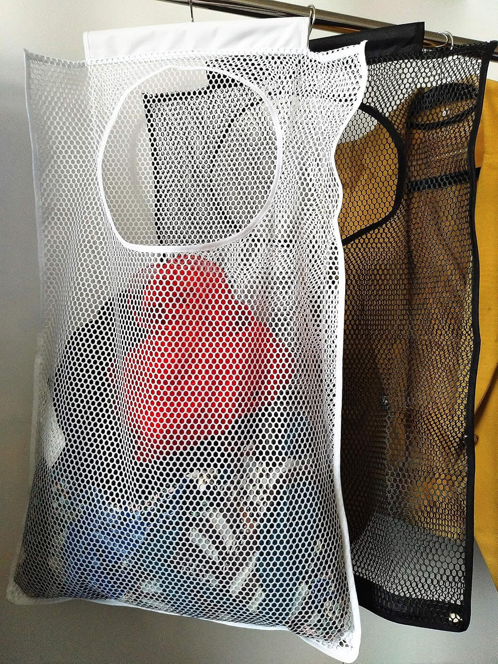 Door-Hanging Mesh Laundry Hamper Bag, Space Saving Corner Small Laundry Basket Dirty Clothes Hamper with Rotating Metal Hanger for Apartment, RV, Camper, Cabin, College Dorm Use (White)