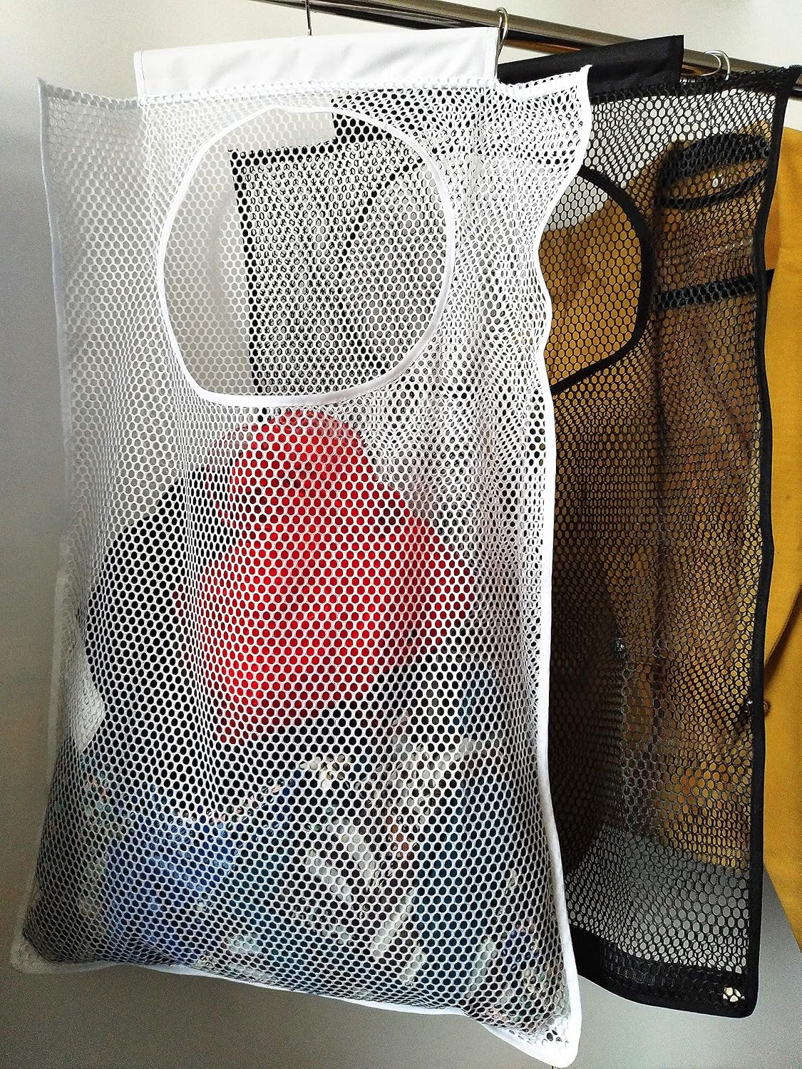 Door-Hanging Mesh Laundry Hamper Bag, Space Saving Corner Small Laundry Basket Dirty Clothes Hamper with Rotating Metal Hanger for Apartment, RV, Camper, Cabin, College Dorm Use (White)