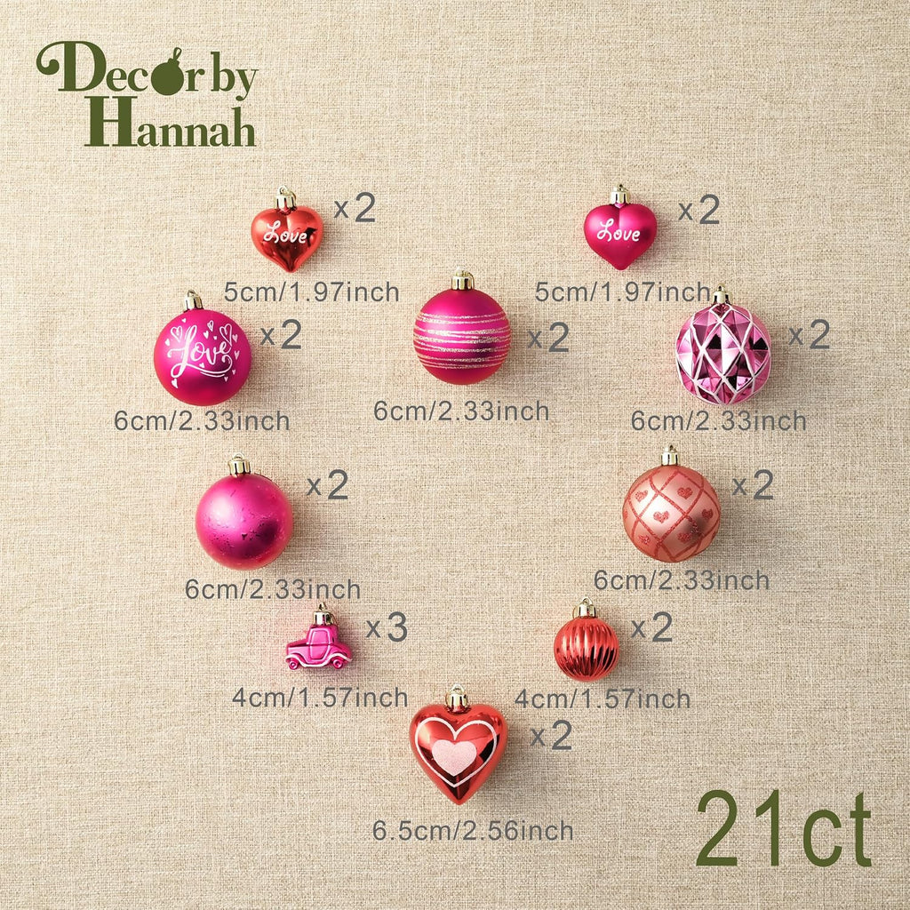 DecorbyHannah Valentines Day Ornaments Tree Decorations, 21ct Pink Red Heart Shaped Ornament Set for Tree, Valentine's Day Large Shatterproof Hanging Christmas Ball for Wedding Anniversary Party