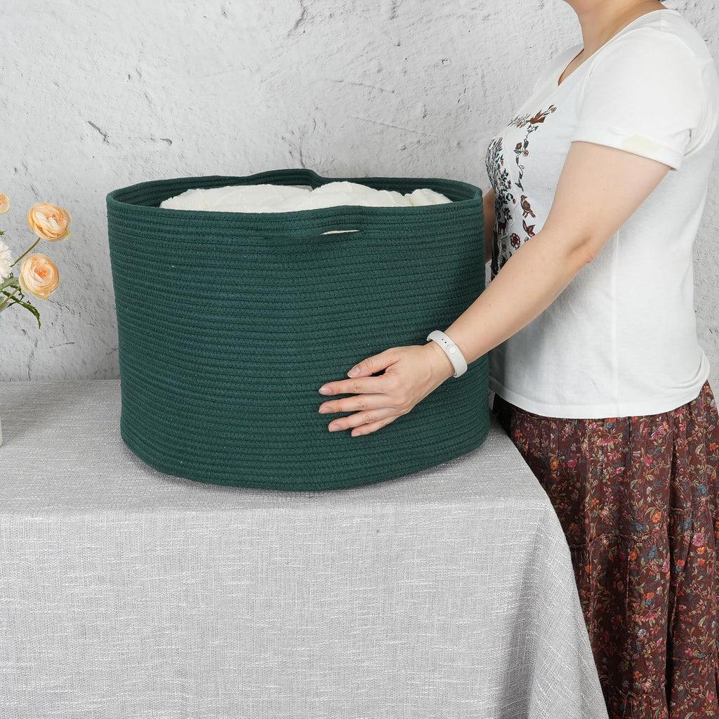 XUANGUO Extra Large Cotton Rope Round Storage Basket 22" x 14" Dark Green