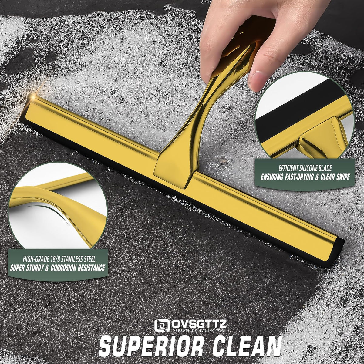 Stainless Steel Shower Squeegee for Glass Door with 3 Adhesive Hook, Glass Cleaning Squeegee for Bathroom & Household Window, Mirrors, Tiles and Car, Clear 10 Inches Golden