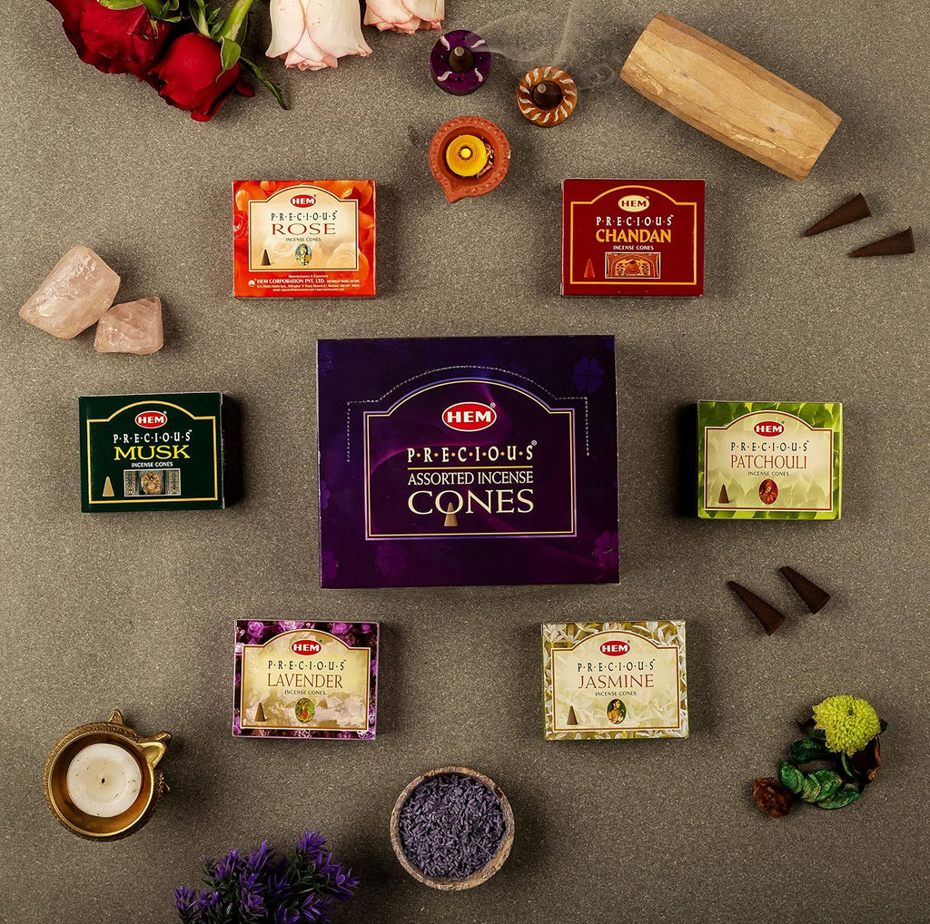 Precious Series Assortment of Six Scents - Total of 12 Boxes, 10 Cones Each - HEM Incense From India