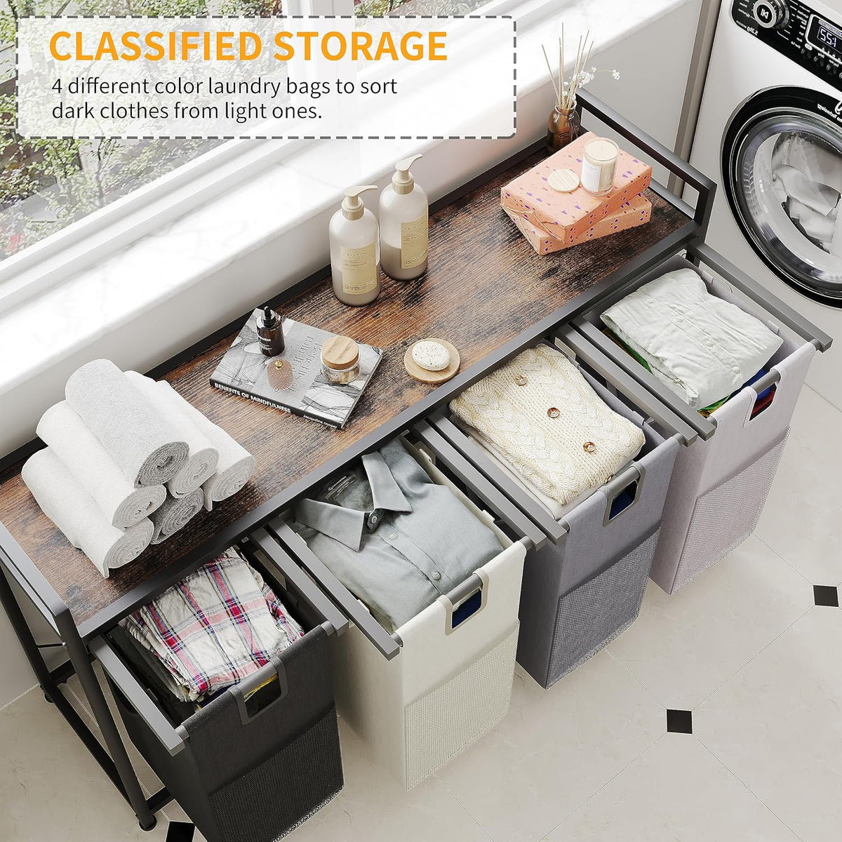 4 Bin Laundry Hamper w/Folding Table, Laundry Basket w/Removable Bags