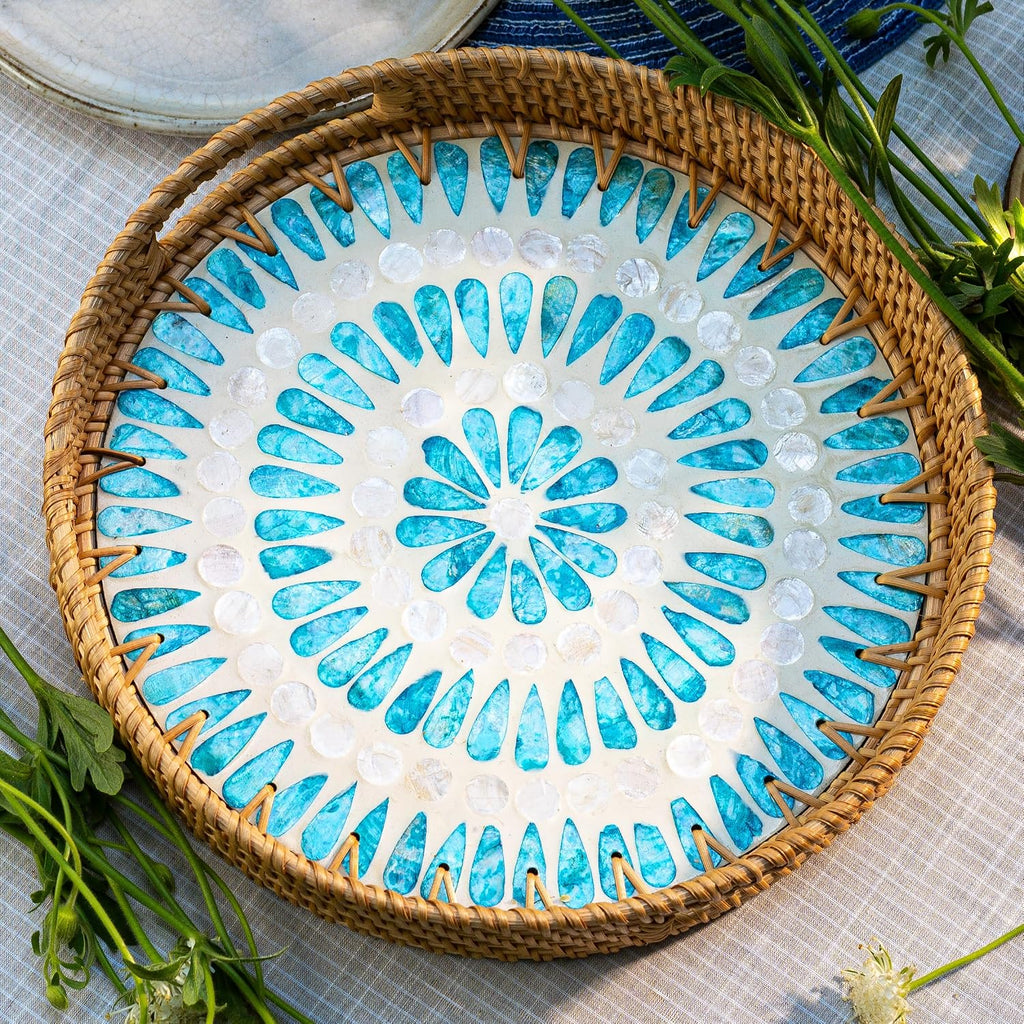 JUNGLE CULTURE Round Rattan Tray with Mother of Pearl Inlay • Ripple 14"