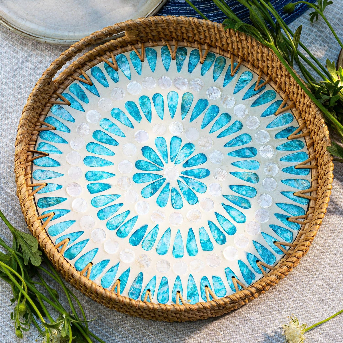 JUNGLE CULTURE Round Rattan Tray with Mother of Pearl Inlay • Ripple 14"