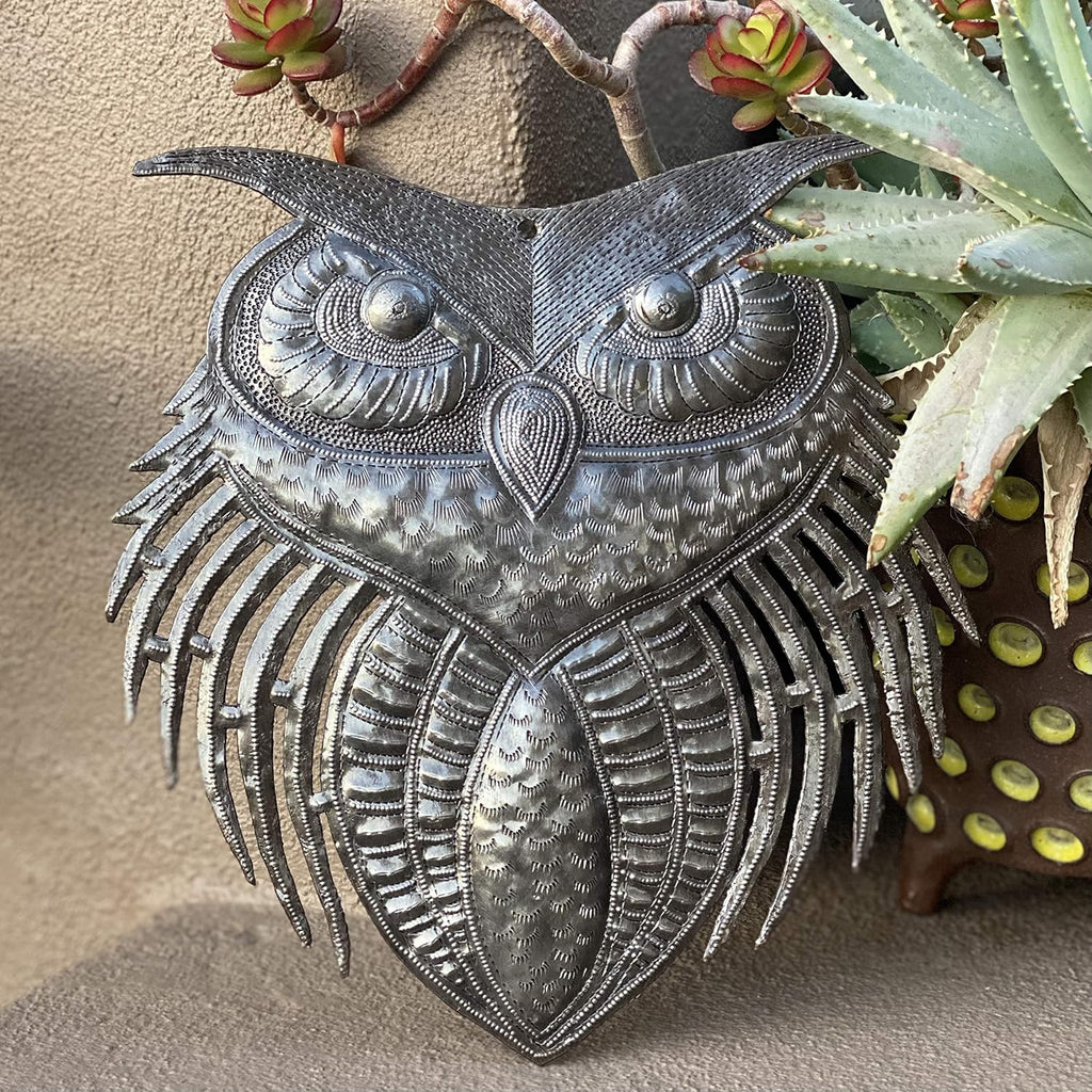 It's Cactus New Owl Metal Wall Art, Handmade in Haiti, Indoor Outdoor Garden Decorations, Upcycled Wall Hanging Artwork, Haitian Décor, 11 x 10.75 Inches