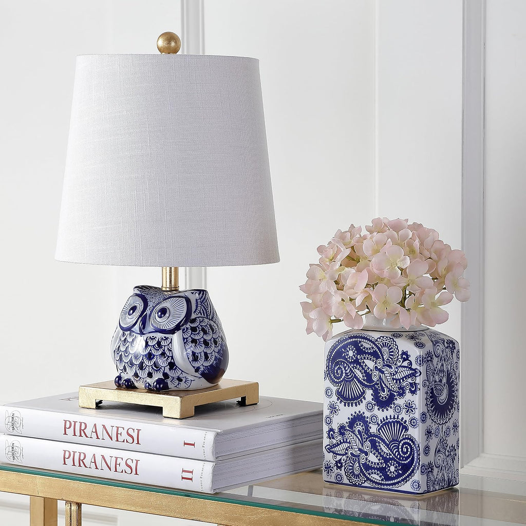 JONATHAN Y Justina Owl Mini Table Lamp 16" Ceramic, Blue/White