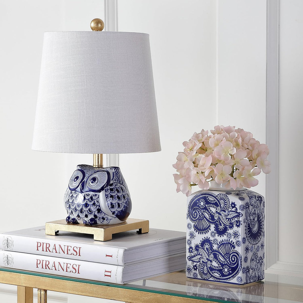 JONATHAN Y Justina Owl Mini Table Lamp 16" Ceramic, Blue/White