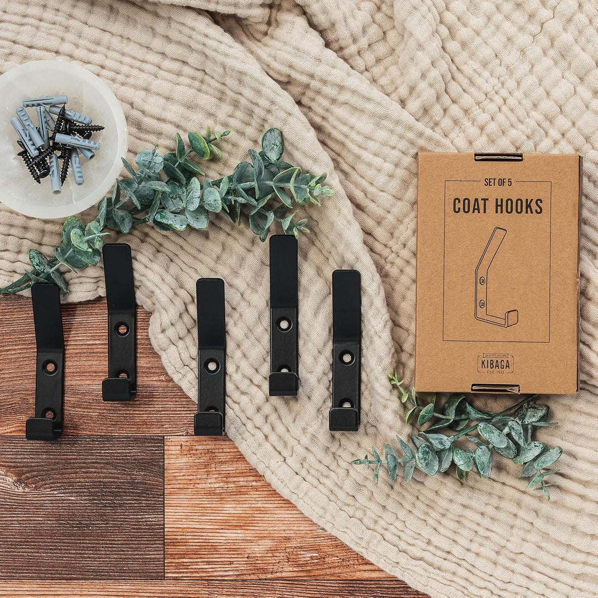 Decorative Coat Hooks Set of 5 for Wall Mount - Sturdy Black Metal Double