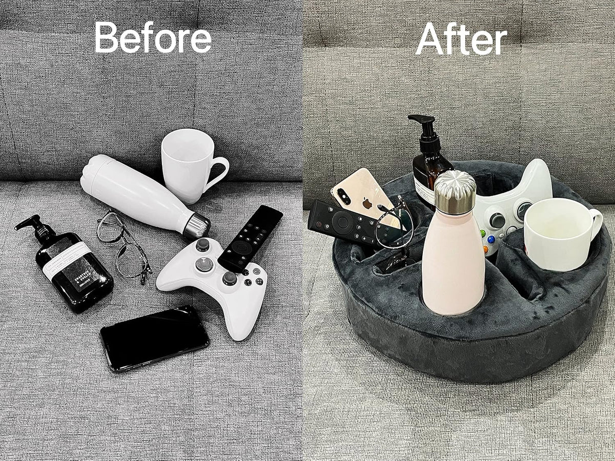 Xchouxer Couch and Bed Cup Holder Pillow, Sofa Organizer Caddy for Drinks, Remotes, Phones, Snacks (Gray)