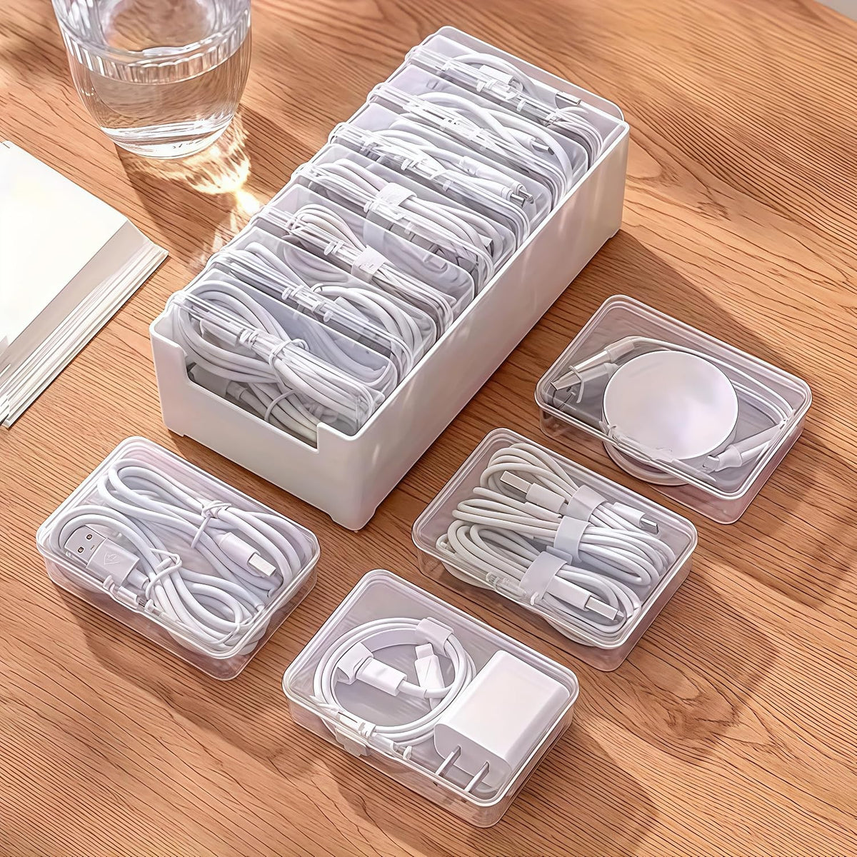 7 Grid Clear Cable Organizer Box with Switch for Desktop Cord Storage
