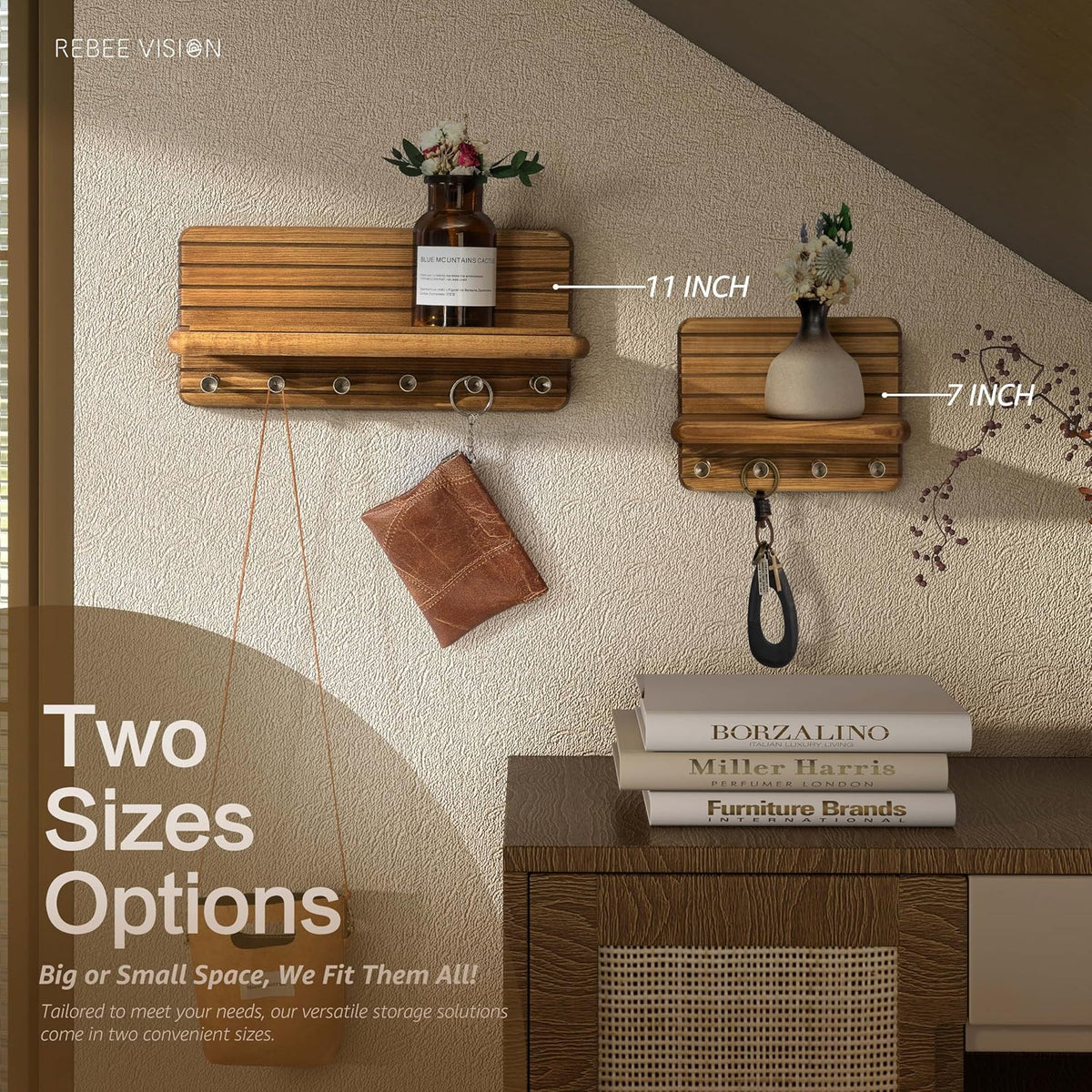 Rebee Vision Key Holder Wall Mount with 6 Hooks for Entryway, Light Brown