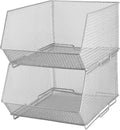 YBM HOME Mesh Stacking Bin Storage Containers for Kitchen Pantry, Cabinet and Shelves, Metal Wire Basket Rack for Fruits and Veggies, Crafts, Toys & Cleaning Items - 2-Pack, Large 15x11x8 Silver