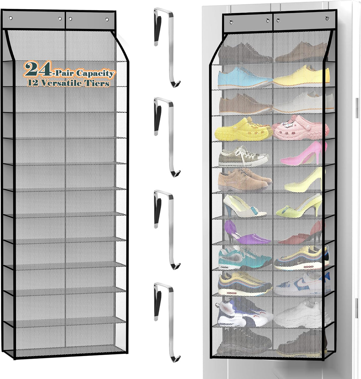 Kotkn 24-Pair Over Door Shoe Organizer for Family & Kids, Double Sided | Hanging Storage for Sneakers, Boots, Toys & Room Organization-Graphite Gray