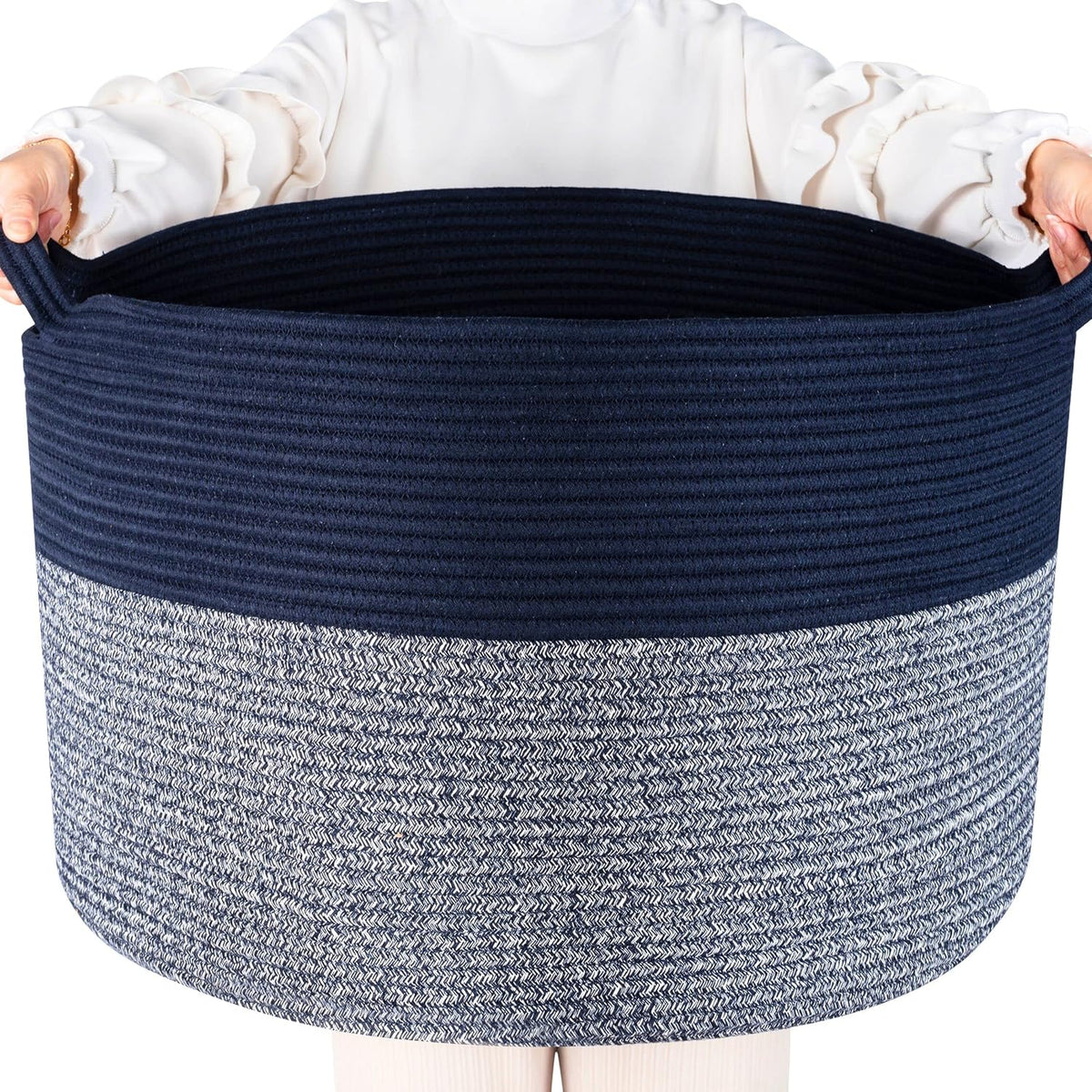 MINTWOOD Design Extra Large 22 x 14 Inches Decorative Woven Cotton Rope Blanket Storage Basket Bin Living Room with Handles and Laundry Hamper for Pillows, Pool Towels, Dog Toys, Shoes, Navy Blue