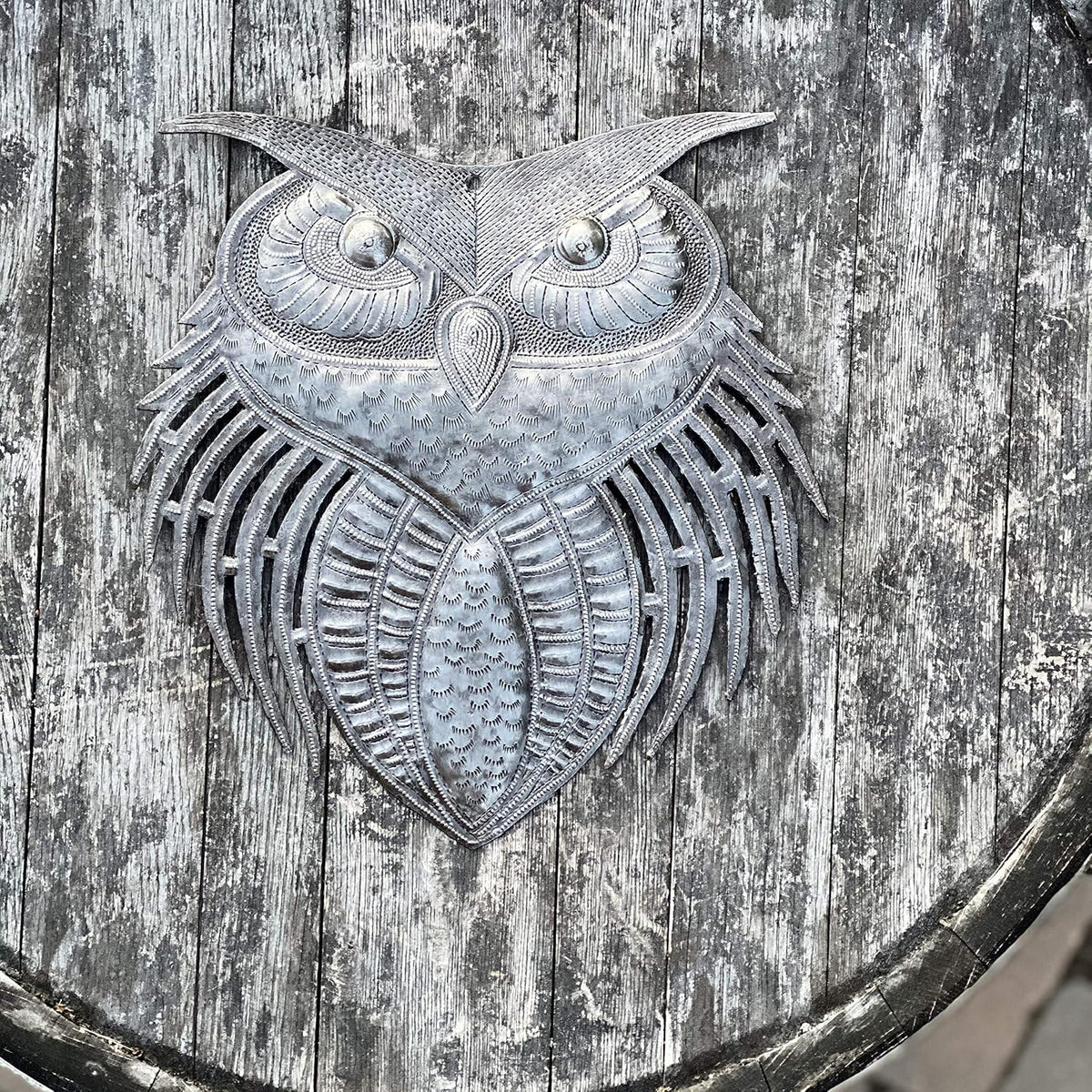 It's Cactus New Owl Metal Wall Art, Handmade in Haiti, Indoor Outdoor Garden Decorations, Upcycled Wall Hanging Artwork, Haitian Décor, 11 x 10.75 Inches