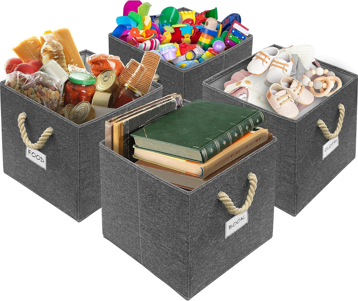 Simple Houseware 11-Inch Cube Storage Bin with Braided Handles, Dark Gray