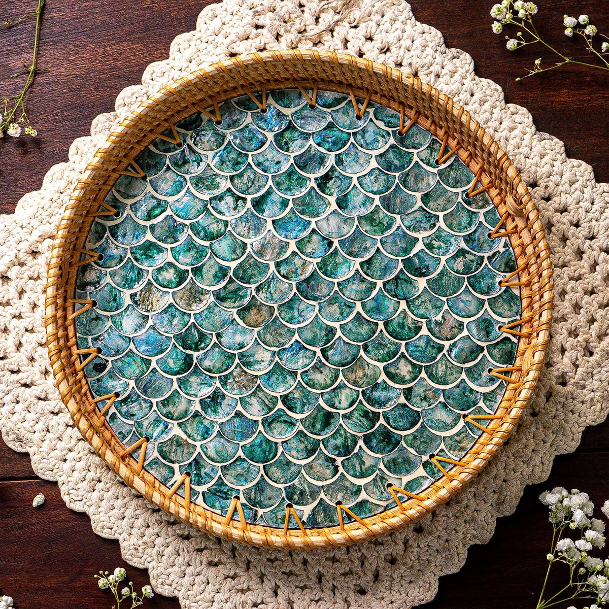 JUNGLE CULTURE Round Rattan Tray with Mother of Pearl Inlay • Cascade 14"