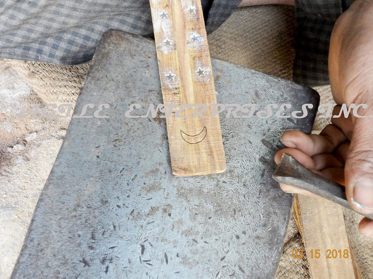 Two Pack Brass Inlay Moon and Star Handmade Wooden Incense Stick Holders, Ash-Catchers.