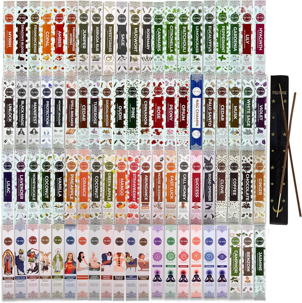 Trumiri Incense - 6 Random Scents Variety Pack - 20 Incense Sticks per Scent - Total 120 Incense + Holder Burner