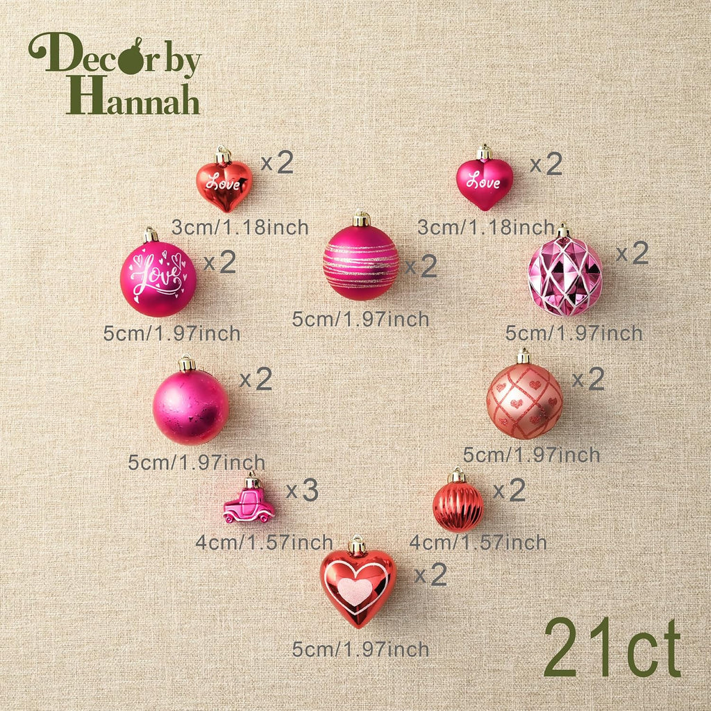 DecorbyHannah 21ct Valentines Pink Christmas Ornaments Set Tree Decorations