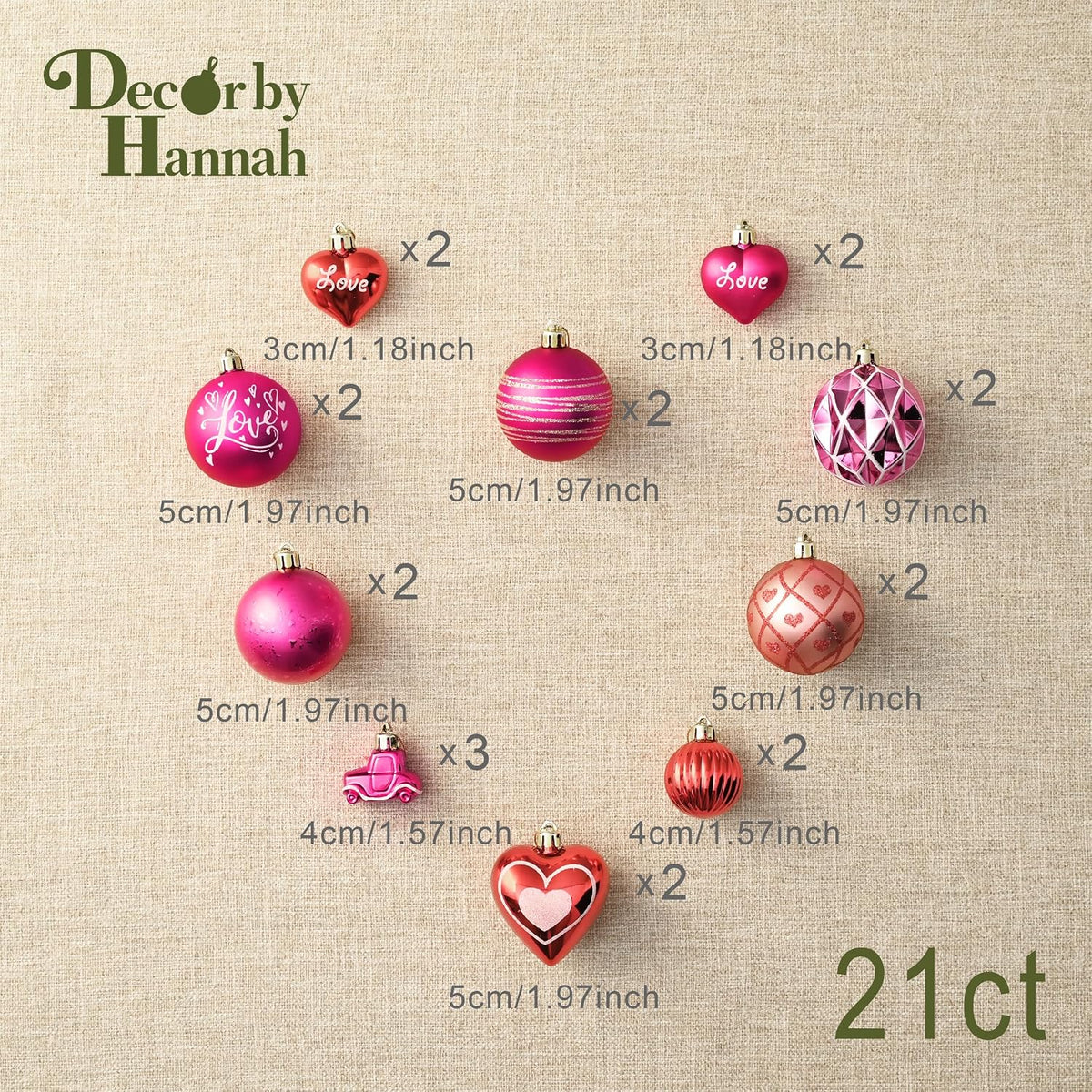 DecorbyHannah 21ct Valentines Pink Christmas Ornaments Set Tree Decorations
