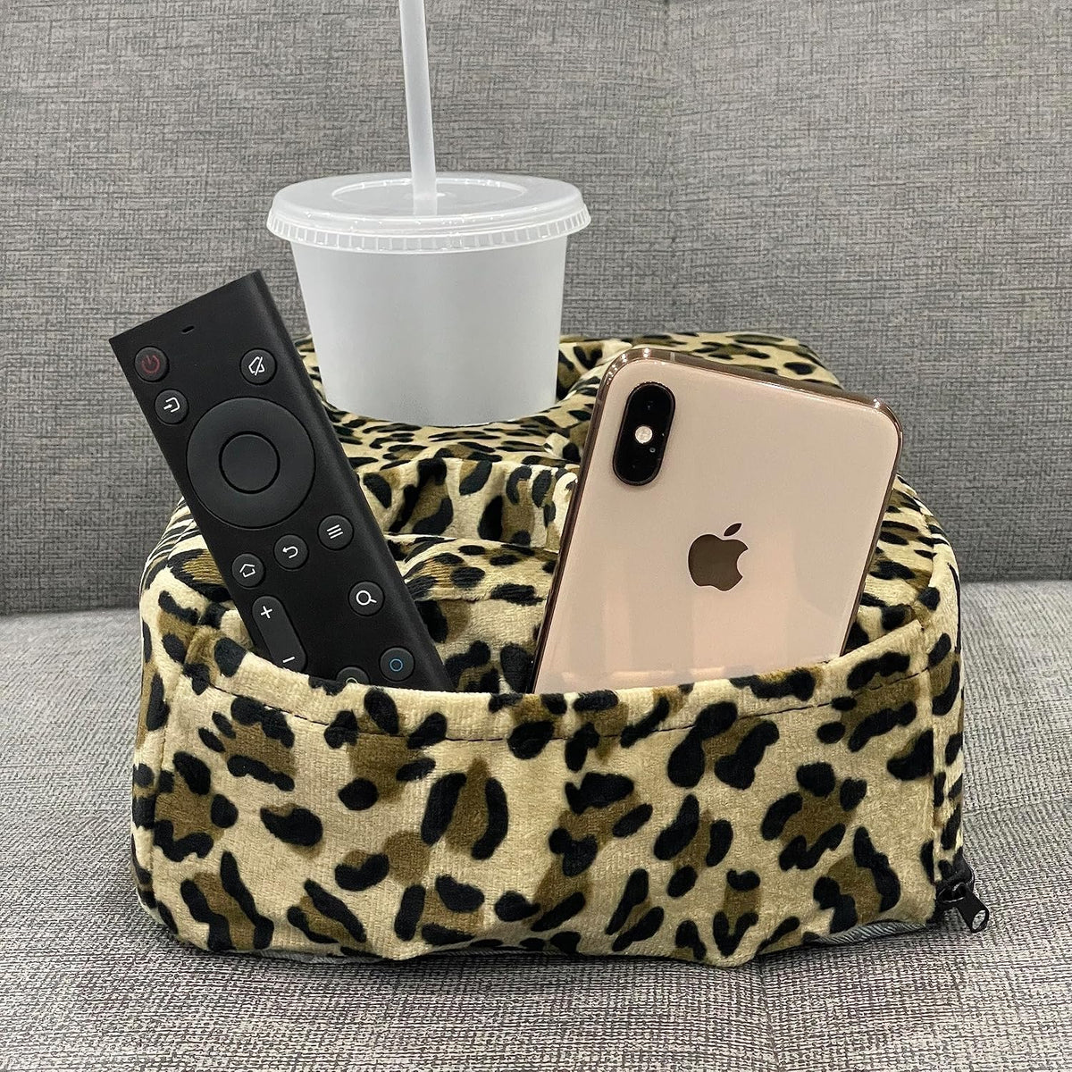 Couch Cup Holder Pillow, Couch Drinks Remotes Holder for Center of Couch, for Sofa, Bed, RV, Car (Leopard)