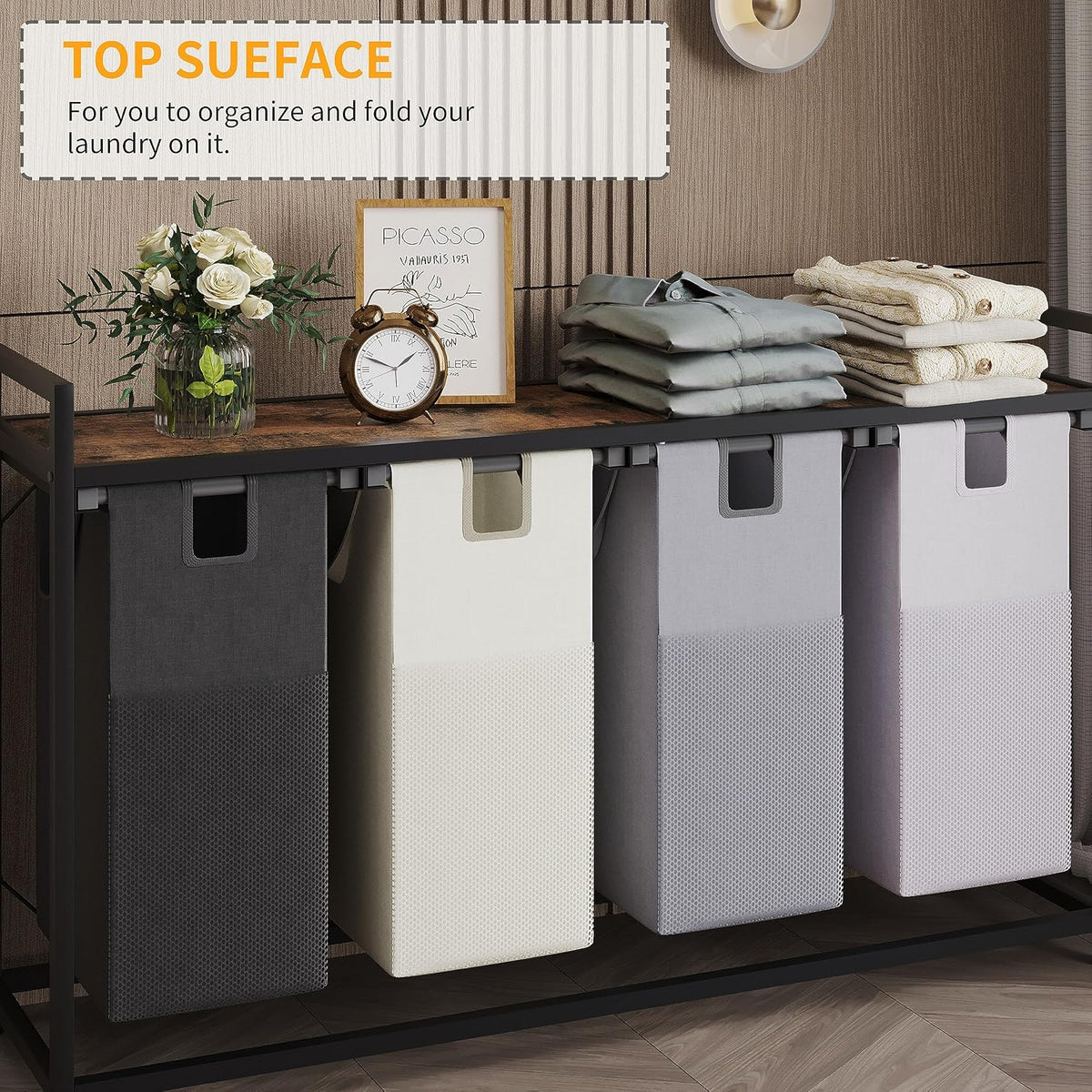 4 Bin Laundry Hamper w/Folding Table, Laundry Basket w/Removable Bags