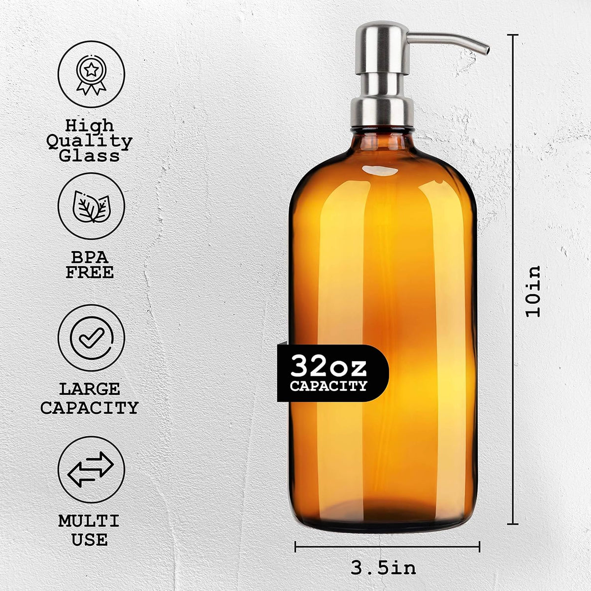 Kitchentoolz Large Pump Bottle - 32 Ounce Shampoo and Soap Dispenser - Amber