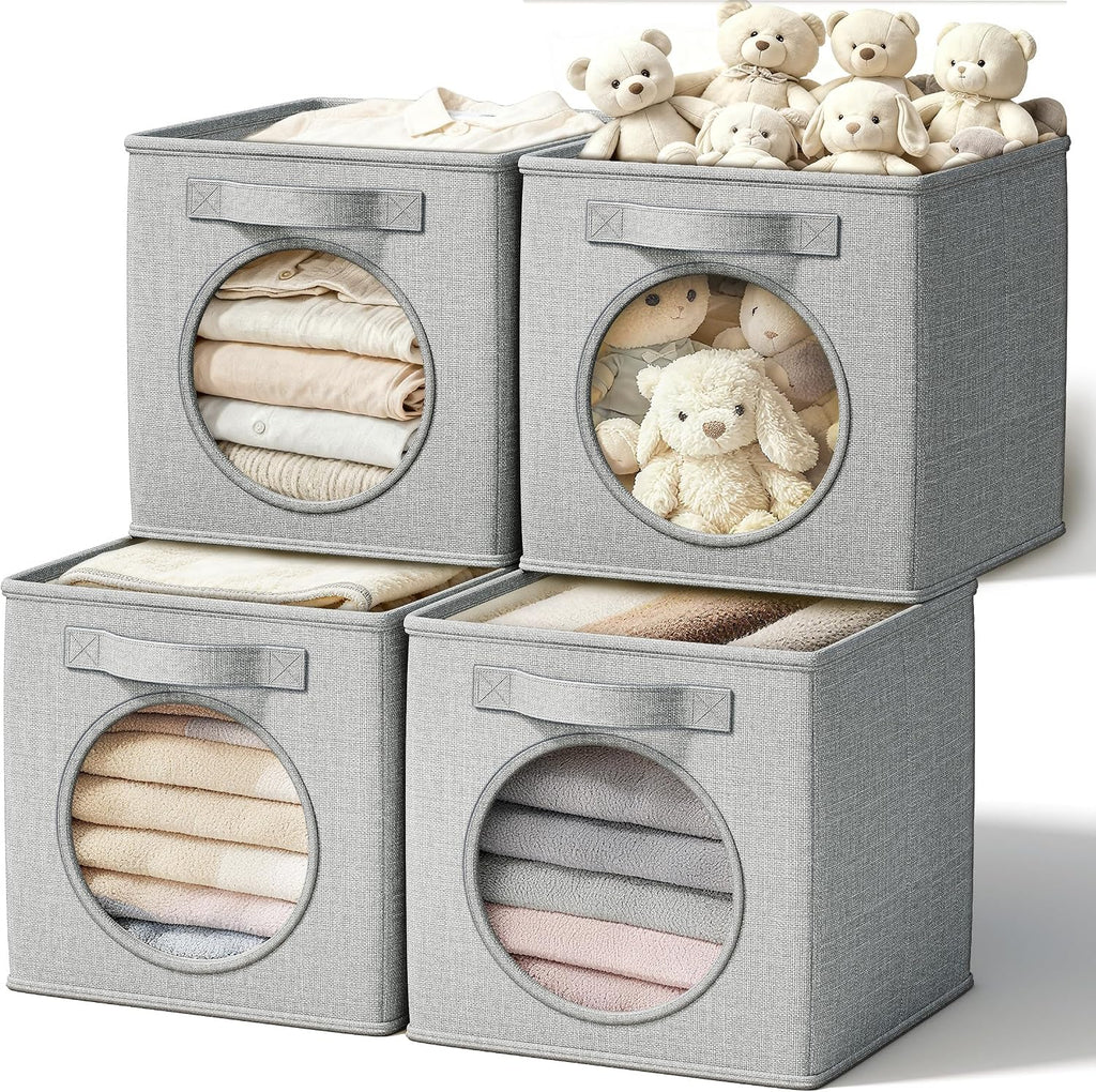 Fabric Storage Cubes with Mesh Window, 13'' Cube Storage Bin, Gray, 4 Pack