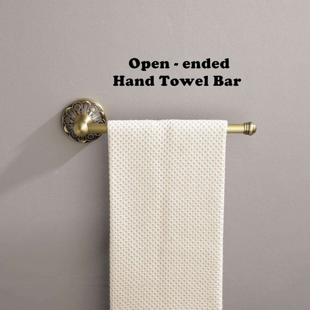 Antique Brass Hand Towel Bar, 12 inch Open-Ended Small Towel Holder Wall Mounted, Vintage Gold Decorative Bathroom Accessories, Brass Petal-Relief Series