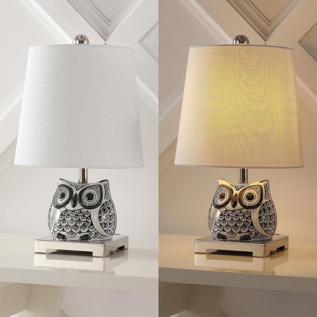 JONATHAN Y Justina Owl Mini Table Lamp 16" Ceramic, Black/White