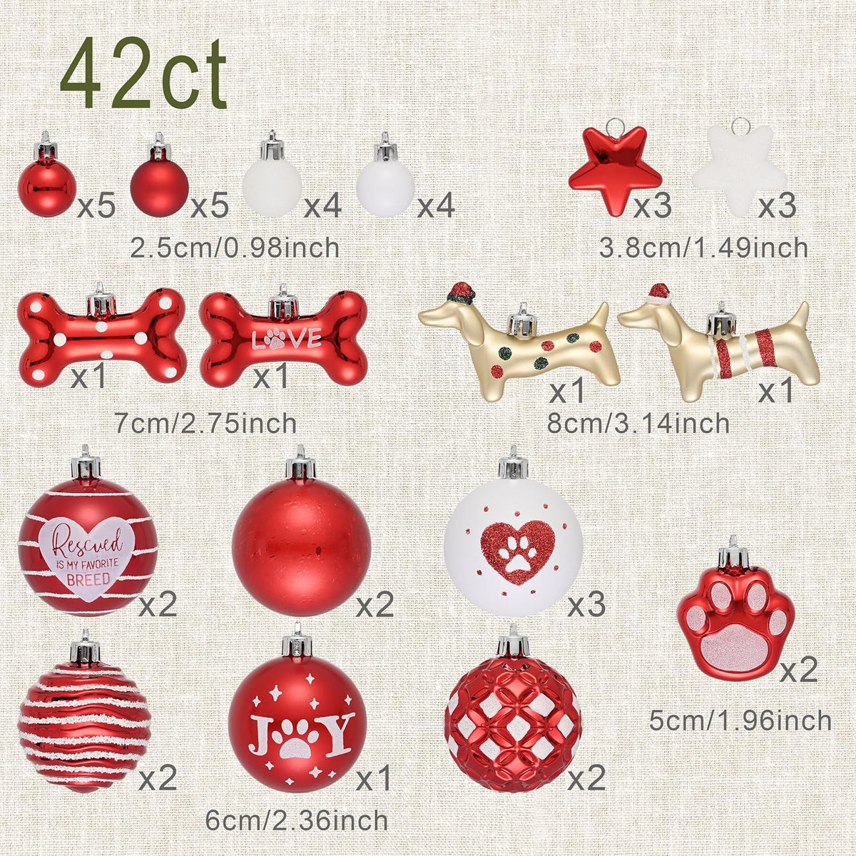 DecobyHannah 42ct Red White Christmas Ornaments Set Tree Dog Decorations