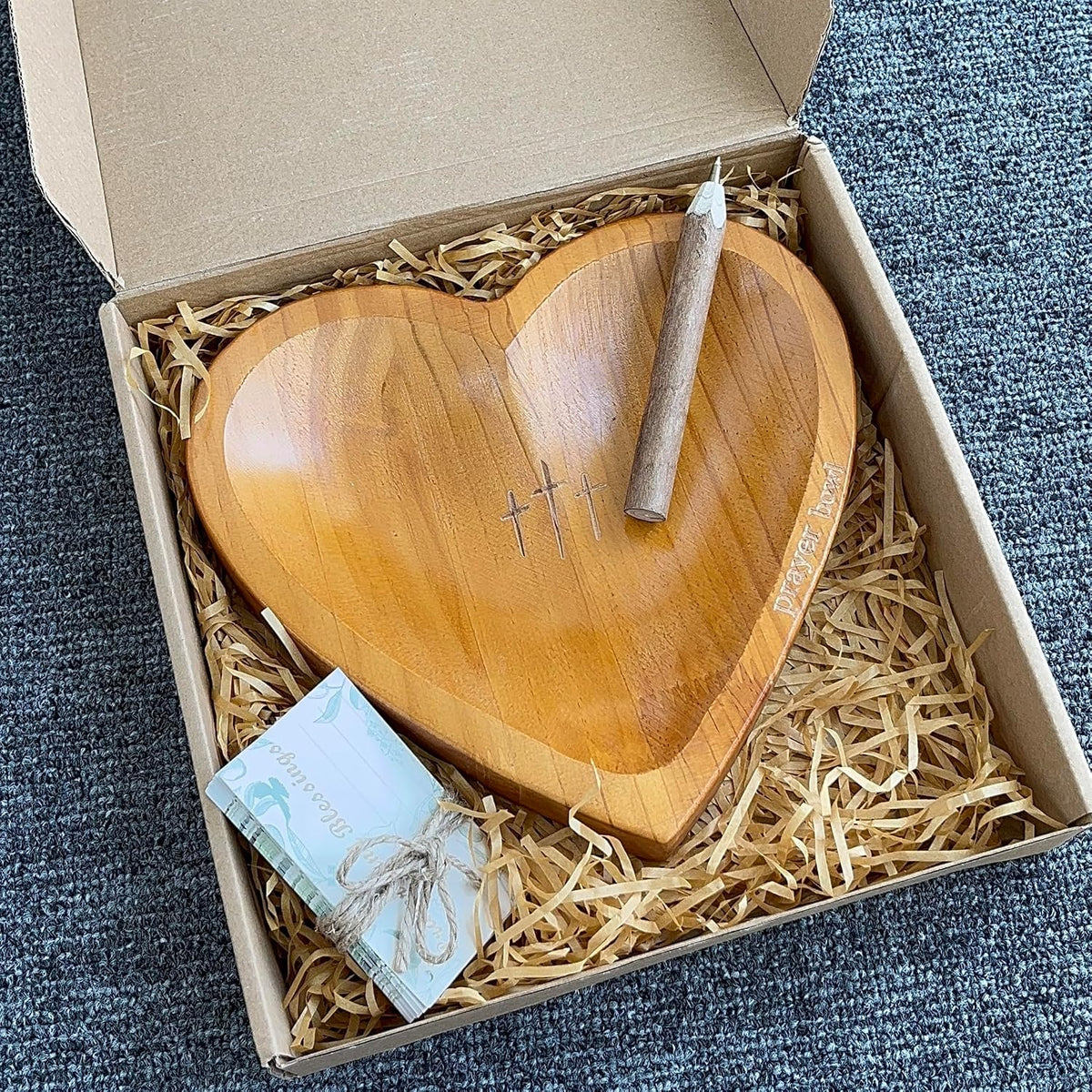 Wooden Heart Prayer Bowl with 30 Cards and Pencil, Christian Gift