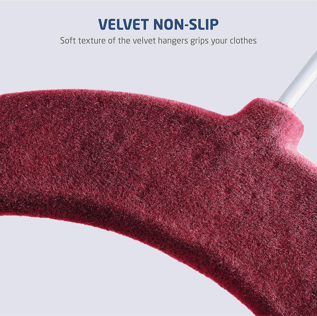Zober Velvet Hangers with Clips - 20 Piece Set for Pants, Skirts, Suits, Dresses & Shirts - Notched Burgundy Velvet, Non Slip Felt, 360 Degree Hook