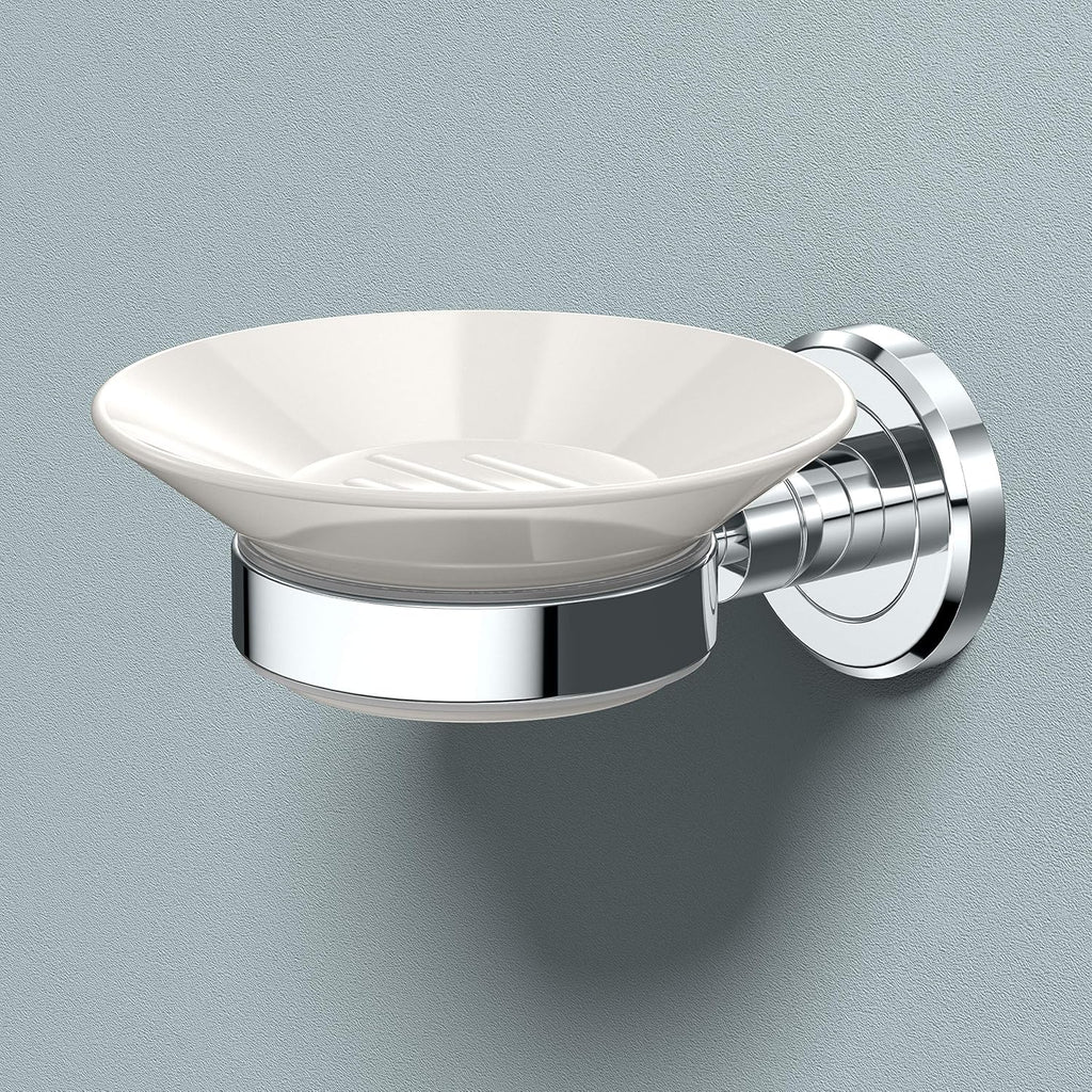 Gatco 1940 Latitude II Wall Mounted Porcelain Soap Dish with Chrome Holder, White/Chrome, 2.1" H x 4.31" W x 5.25" D