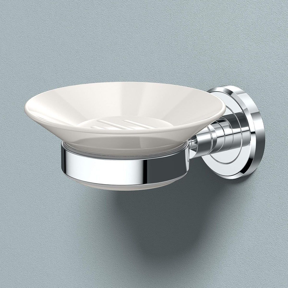 Gatco 1940 Latitude II Wall Mounted Porcelain Soap Dish with Chrome Holder, White/Chrome, 2.1" H x 4.31" W x 5.25" D