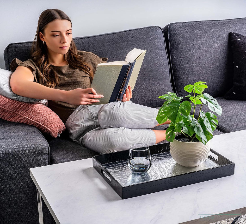 Home Redefined 17.5"x12" Silver & Black Glossy Crocodile Faux Leather Serving Tray Beautiful Modern Elegant Decorative Tray with Handles Ottoman Coffee Table Tv Remote Storage for All Occasion's