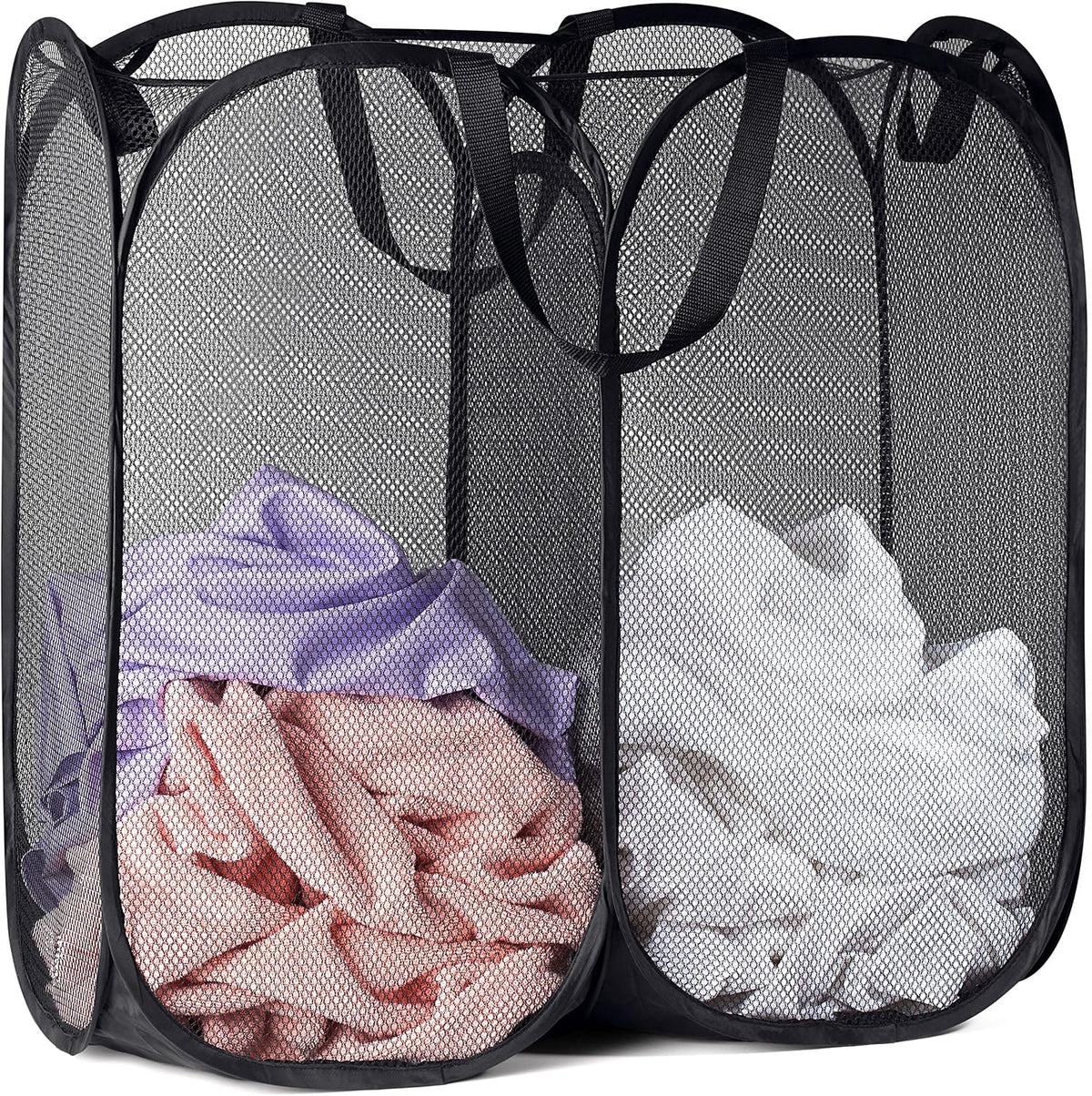 Handy Laundry Double Pop Up Laundry Hamper, 2 Section Mesh, Black